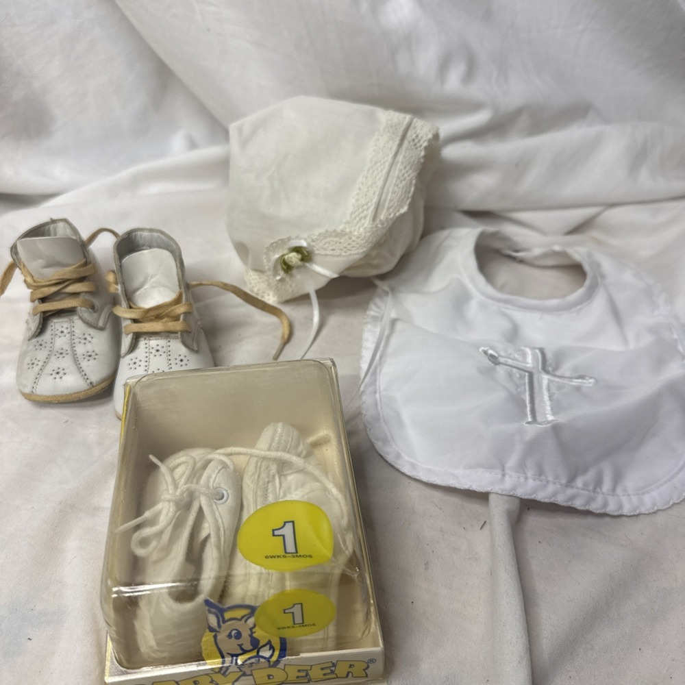 VTG Infant Christening Bonnet Bib Shoes Baby Deer Elegant Baby Leather LOT Doll